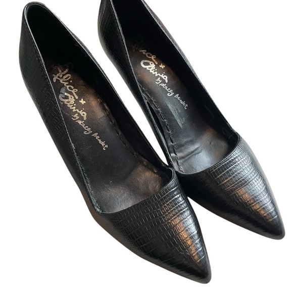Alice + Olivia Stacey Bendet Black Croc Embossed Leather Pointed Toe Heels 38.5 - Picture 2 of 9